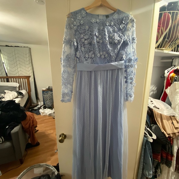 Blue Floral Appliqué & Pearl Detail Dress - Picture 4 of 5